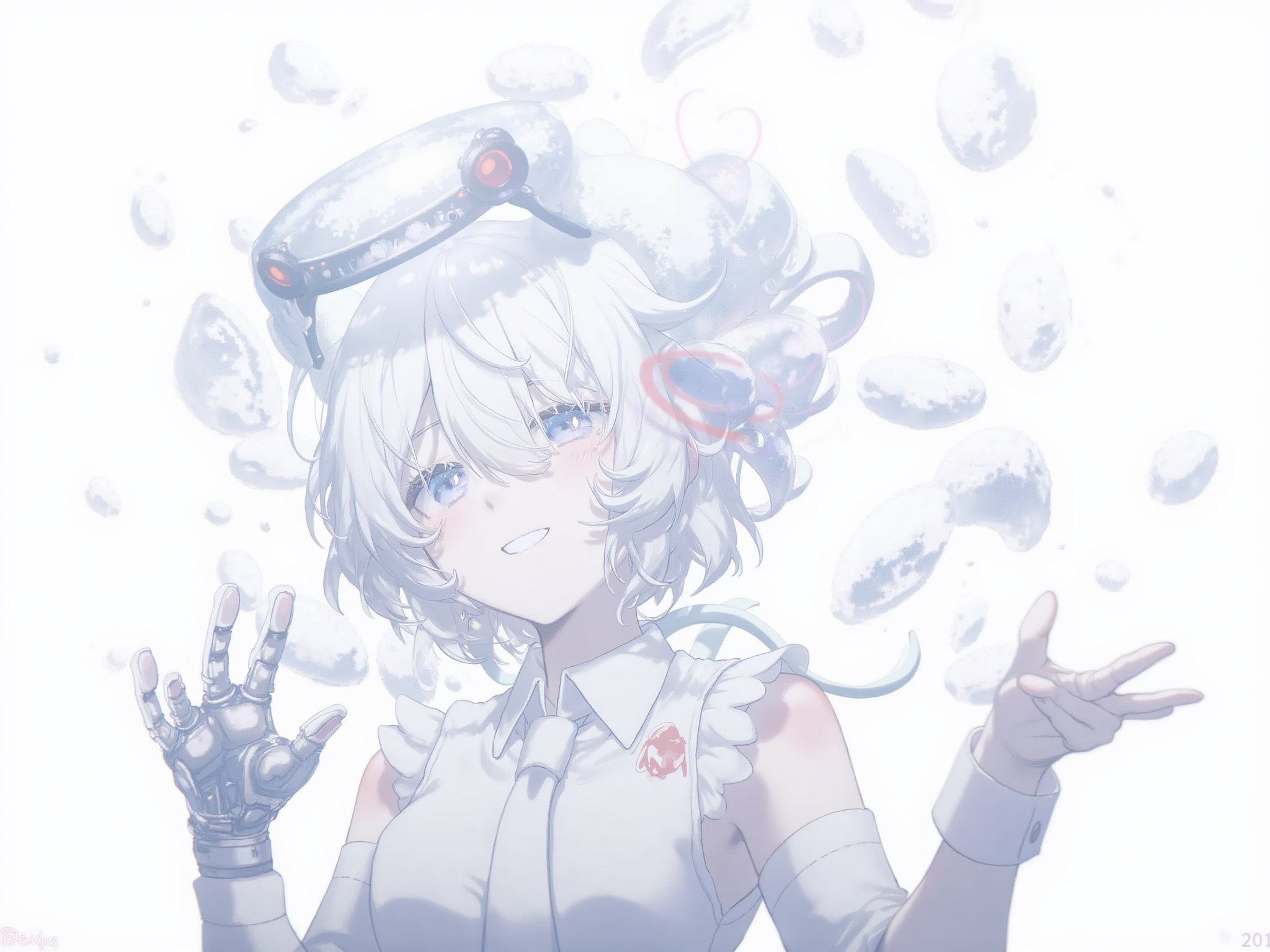 1girl,    sleeveless, headgear, ahoge, shirt, collared shirt, smile, mechanical hands, dated, sleeveless shirt, hair between eyes, floating headgear, white hair, necktie, white necktie, blue eyes, alternate color, simple background, white background, grin <lora:Yajiang-000109:1>