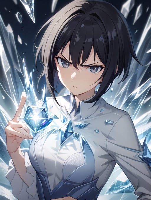 best quality, masterpiece, highres, detailed, digital artwork, <lora:Tools - add_detail:0.2>, IceElementCh, ice, blue theme, ice body:2,  <lyco:Change - IceElementCh:0.8>, AmamiyaRON, magic, black hair, short hair, grey eyes, mature woman, formal,  <lora:Character - AmamiyaRON:0.6>, close-up, serious, 