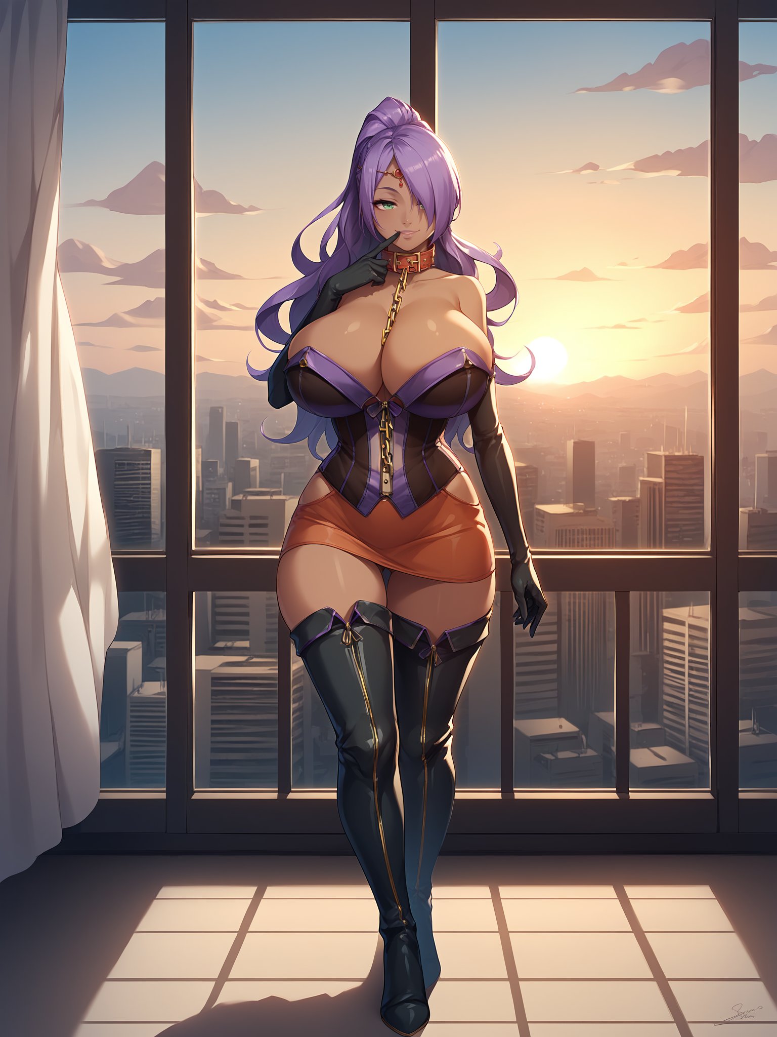 score_9, score_8_up, score_7_up, score_6_up, score_5_up, uncensored, BREAK,AyshwaryaRay is standing, finger to mouth, full body, dark-skinned female, 1girl,seductive smile,purple hair,  hair over one eye, green eyes, makeup, ponytail, circlet, collar, gold chain, two-tone corset, elbow gloves, orange miniskirt, thigh boots,curvy, huge breasts, thick thighs,luxury room, big window, cityscape, evening, sunset, sunbeam, shadow, <lora:AyshwaryaRay3216XL:1>