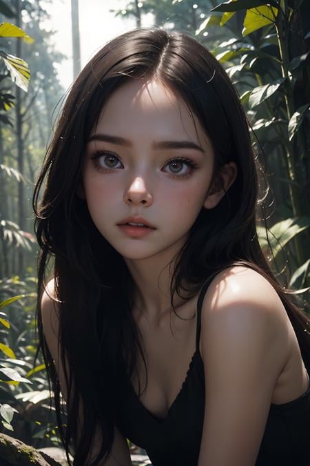 ( detailed realistic background:1), ( official art, beautiful and aesthetic:1 ), realistic lighting, cinematic lighting, hyperrealism, Poor lighting, sharp, artistic photoshoot, ( cute, petite ), slender, pale cheeks, square face shape with angular jaw, natural "no-makeup" makeup,  ((A girl in the night at the dark forest)), night, [dark],