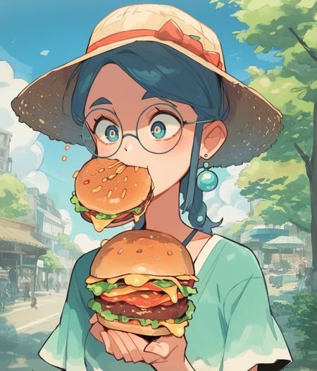 cute woman eating a hamburger, outdoors parkscore_8_up <lora:last-000005:1>