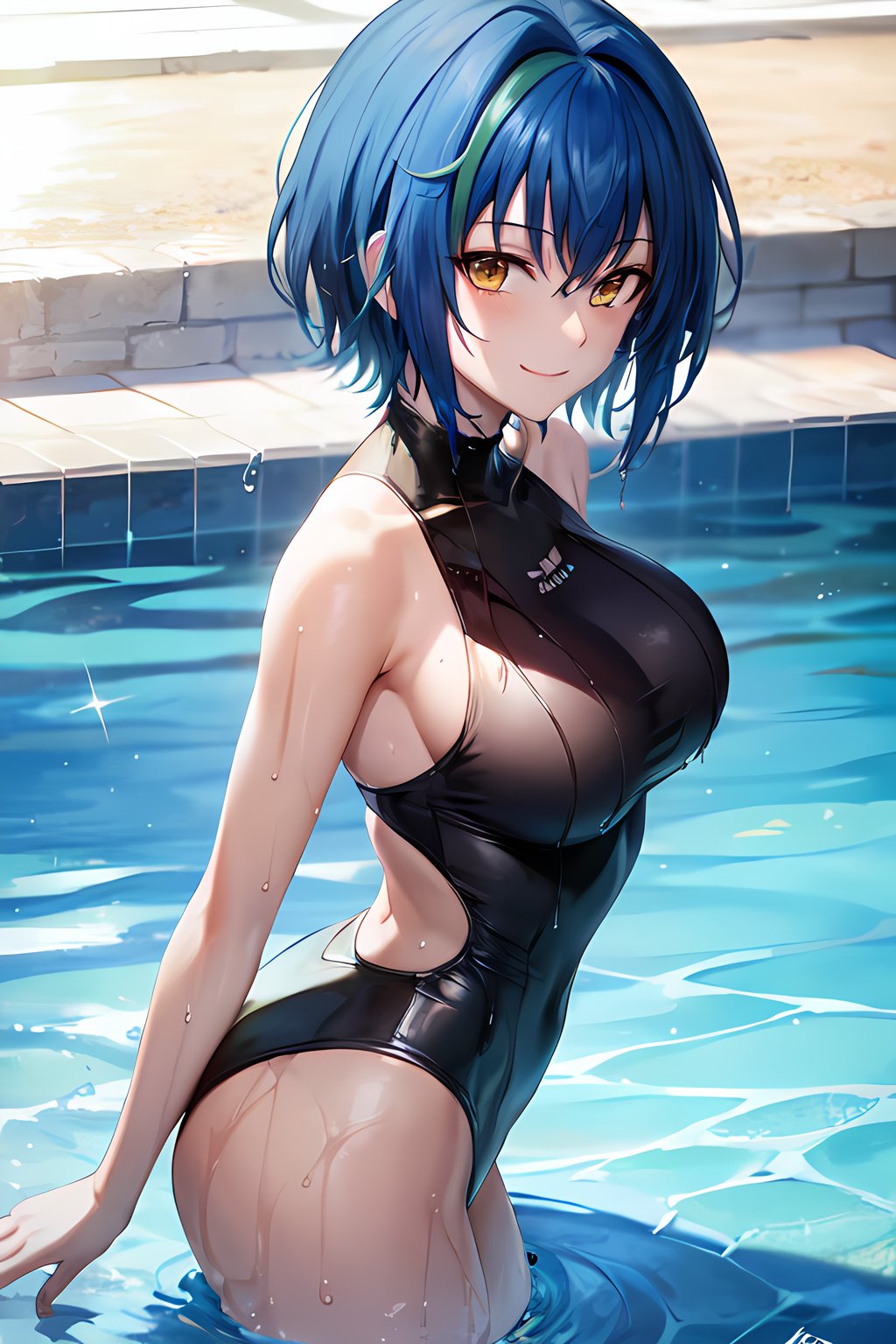 masterpiece, absurdres , (intricate details), (colorful),cinematic lighting,bust shot,extremely detailed CG unity 8k wallpaper, smile, looking at viewer, <lora:xenoviaHSDXD-051:1> xenoviaquarta, short hair, blue one-piece swimsuit,halterneck, poolside, sunlight, water, splashing, wet, wet hair, partially submerged