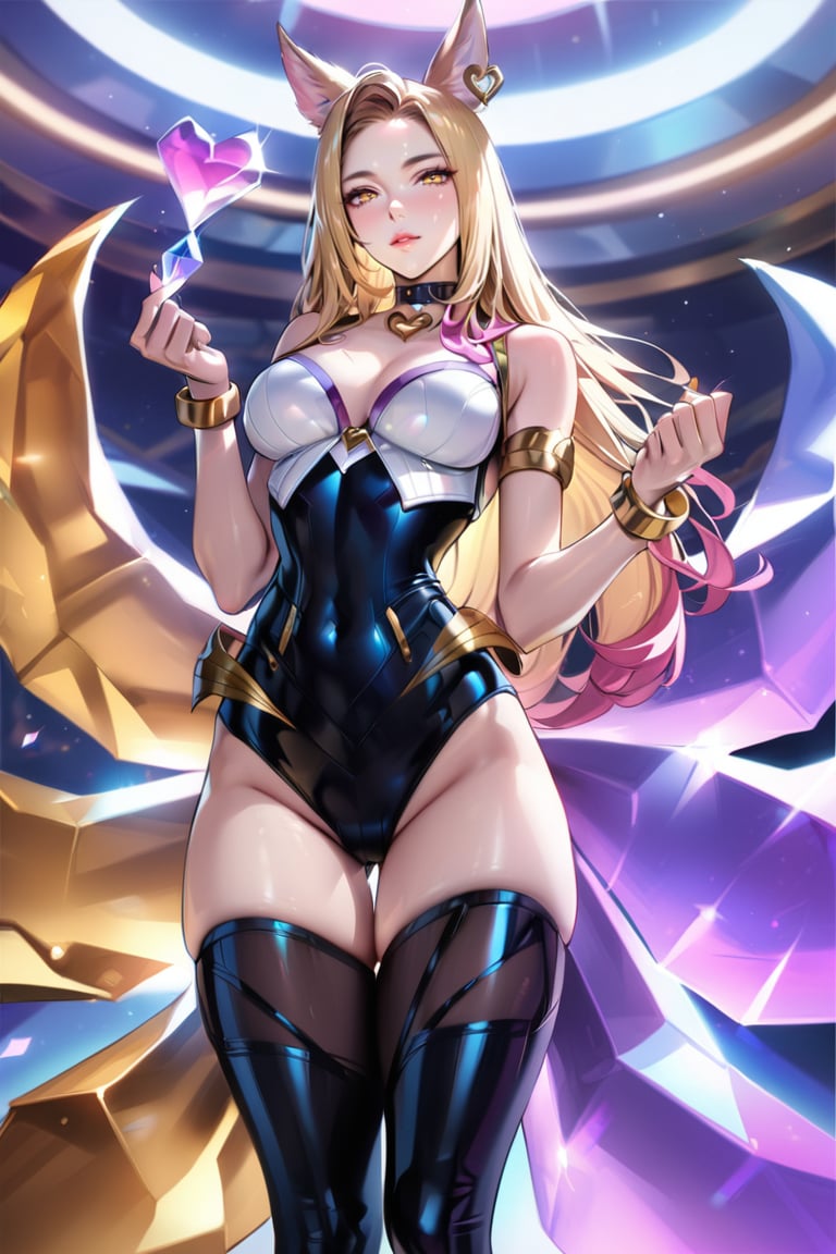 (Masterpiece), mature, HDR,UHD,8K, best quality, Highly detailed, physically-based rendering, extreme detail description, perfect skin, shiny skin, shiny hair,perfect face, 1girl, kda1, blonde hair, yellow eyes, thighighs, facial mark, animal ears, tail, choker,Ahri, K/DA Ahri, bare shoulders, arm straps,LeagueOfLegendsAhri, long hair, bracelet, jewelery, heart choker, multiple tails, idol, cleavagefox ears, earrings,black leotard, white top, high thighhighs, magenta tail, ((black thighhighs)),ahri, black stockings, gloveless, bare hands<lora:EMS-388761-EMS:0.100000>, <lora:EMS-418655-EMS:0.800000>, <lora:EMS-335737-EMS:0.600000>