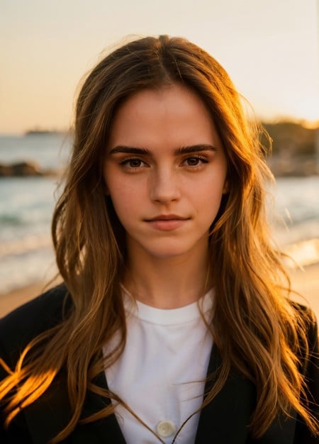 <lora:emwts-long hair-medium length hair-brown hair-smile-collected hair21:1> emwts, brown hair,long hair,canon powershot,extreme dof,wearing black jacket,at park,golden hour,beach,volumetric lighting,bokeh,soft lighting,masterpiece