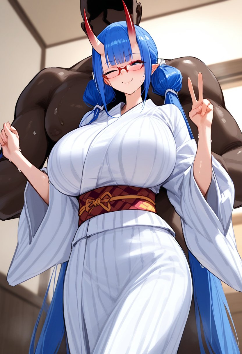 <lora:AIU 0.2v:1>, 1girl, japanese clothes, glasses, oni horns, v, kimono, 1boy, breasts, blush, smile, blue hair, huge breasts, bangs, dark-skinned male, closed mouth, white kimono, very long hair, hetero, one eye closed, looking at viewer, sweat, twintails, wide sleeves, indoors, faceless male, yukata, sash, bow, large breasts, standing, netorare,