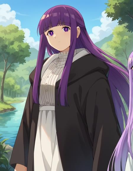 score_9, score_8_up, score_7_up, source_anime,fern, <lora:fern-s1-ponyxl-lora-nochekaiser:1>,fern, long hair, bangs, purple eyes, purple hair, sidelocks, blunt bangs, bright pupils, half updo,long sleeves, dress, white dress, long dress, robe, black robe,outdoors, nature, forest, trees, river, sun, sky, clouds,looking at viewer, cowboy shot, dutch angle,