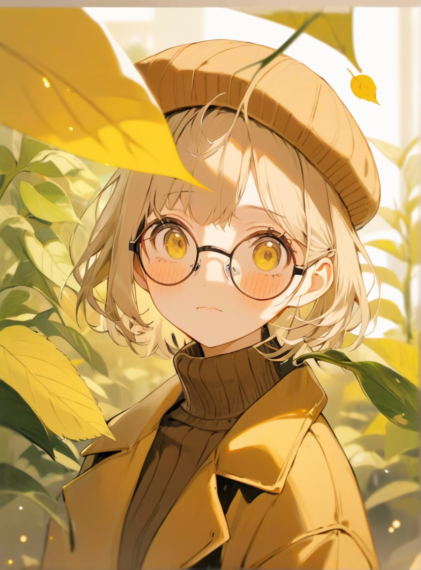 close up, masterpiece, best quality, bokeh, cute, 1girl, solo, beret, hair clip, beige hair, round eyewear, brown jacket, turtleneck sweater, upper body, looking at viewer, yellow eyes, closed mouth, leaf, white background, plant