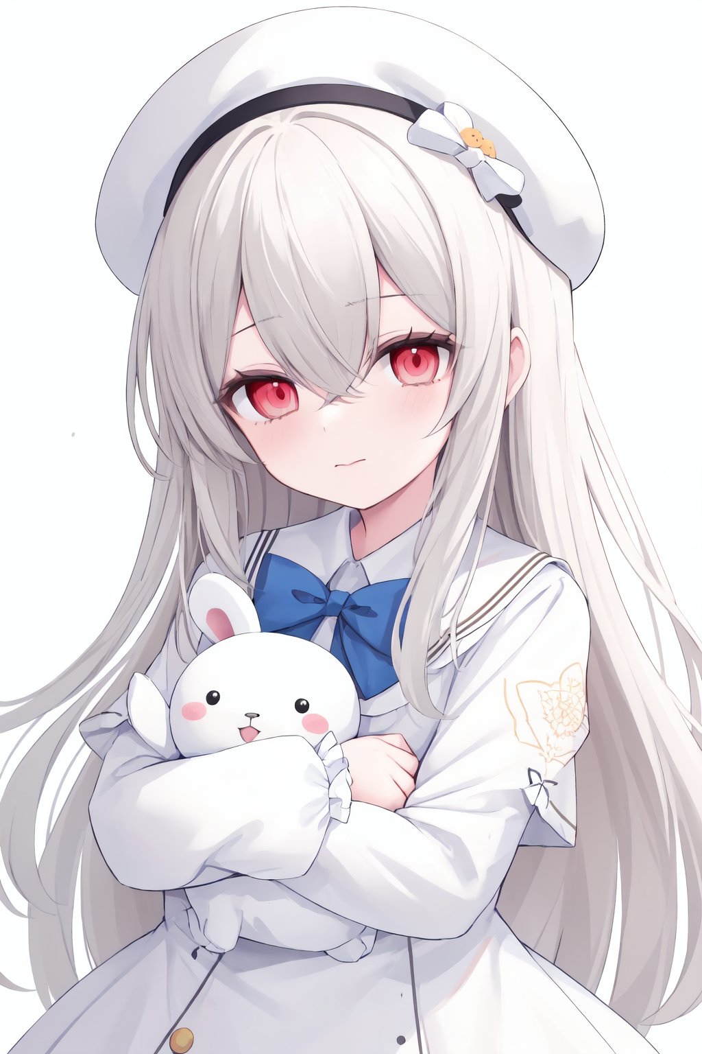 1girl, red eyes, solo, bow, white hair, rabbit, white background, looking at viewer, dress, hat, holding animal, holding, stuffed bunny, red bow, white headwear, holding stuffed toy, long sleeves, bangs, simple background, white dress, hair between eyes, frills, closed mouth, stuffed toy, mob cap, stuffed animal, blue bow, animal, albino, chibi, so-style