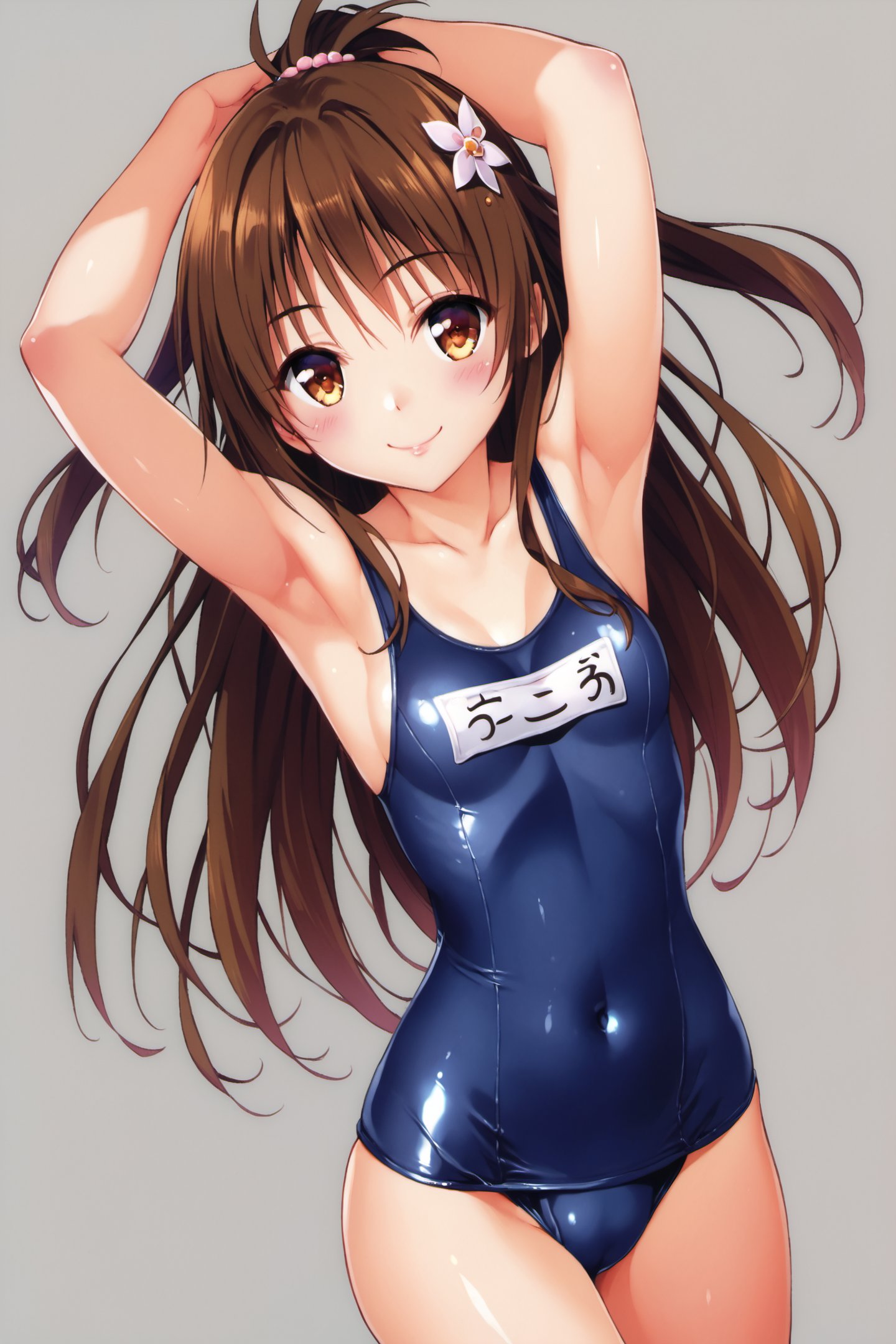 yuuki mikan, 1girl, solo, swimsuit, brown hair, school swimsuit, armpits, one-piece swimsuit, long hair, smile, breasts, small breasts, covered navel, blush, looking at viewer, arms up, brown eyes, hair ornament, name tag, cowboy shot, shiny, blue one-piece swimsuit, shiny clothes,score_8_up,<lora:Yabuki Kentarou_XL_PONY:0.8>,