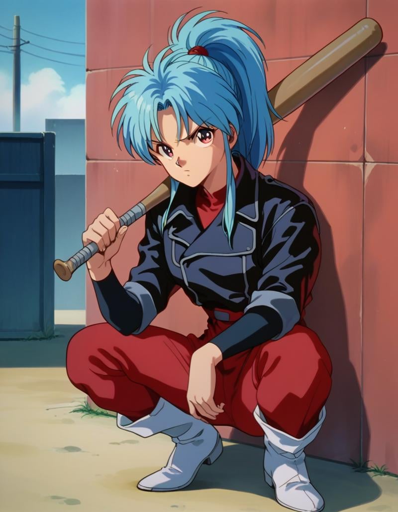 score_9, score_8_up, score_7_up, 1girl, solo, looking at viewer, <lora:Botan PDXL:0.8>, botan, ponytail, blue hair, parted bangs, pink eyes, jacket, pants, red pants, boots, white footwear, outdoors, uneven eyes, raised eyebrow, holding baseball bat, weapon over shoulder, squatting, 