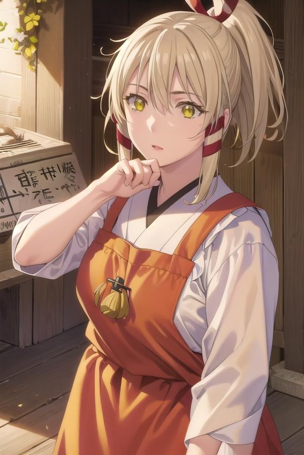 ukanomitamanokami, <lora:uka no mitama no kami s1-lora-nochekaiser:1>,uka no mitama no kami, long hair, blonde hair, hair ribbon, (yellow eyes:1.5), ponytail, tress ribbon,BREAK japanese clothes, miko, apron, (red apron:1.5),BREAK outdoors, shrine,BREAK looking at viewer, (cowboy shot:1.5),BREAK <lyco:GoodHands-beta2:1>, (masterpiece:1.2), best quality, high resolution, unity 8k wallpaper, (illustration:0.8), (beautiful detailed eyes:1.6), extremely detailed face, perfect lighting, extremely detailed CG, (perfect hands, perfect anatomy),