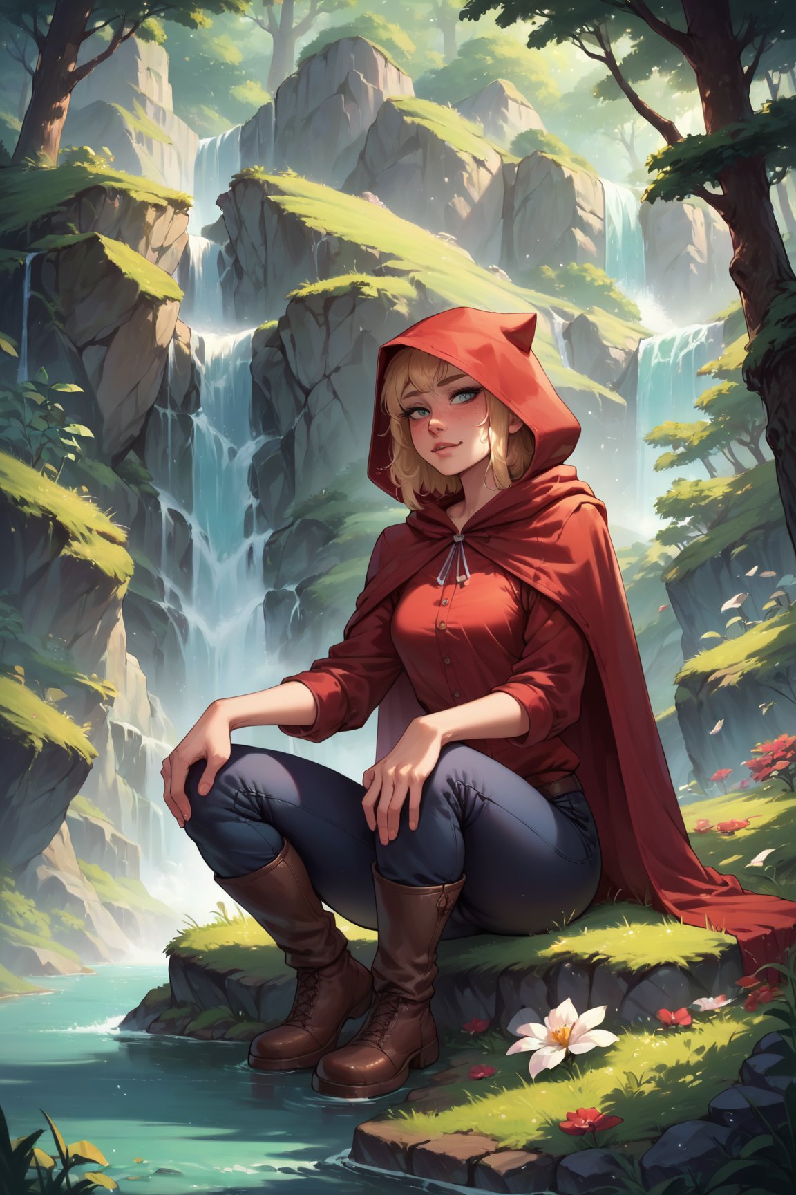 zPDXL2, dappled sunlight, little red riding hood in a dark forest sitting on the ground, waterfall, wearing a red hooded cloak, red dress, pants and boots, (score_9, score_8_up, score_7_up, score_6_up, score_5_up, score_4_up, high res, 4k)