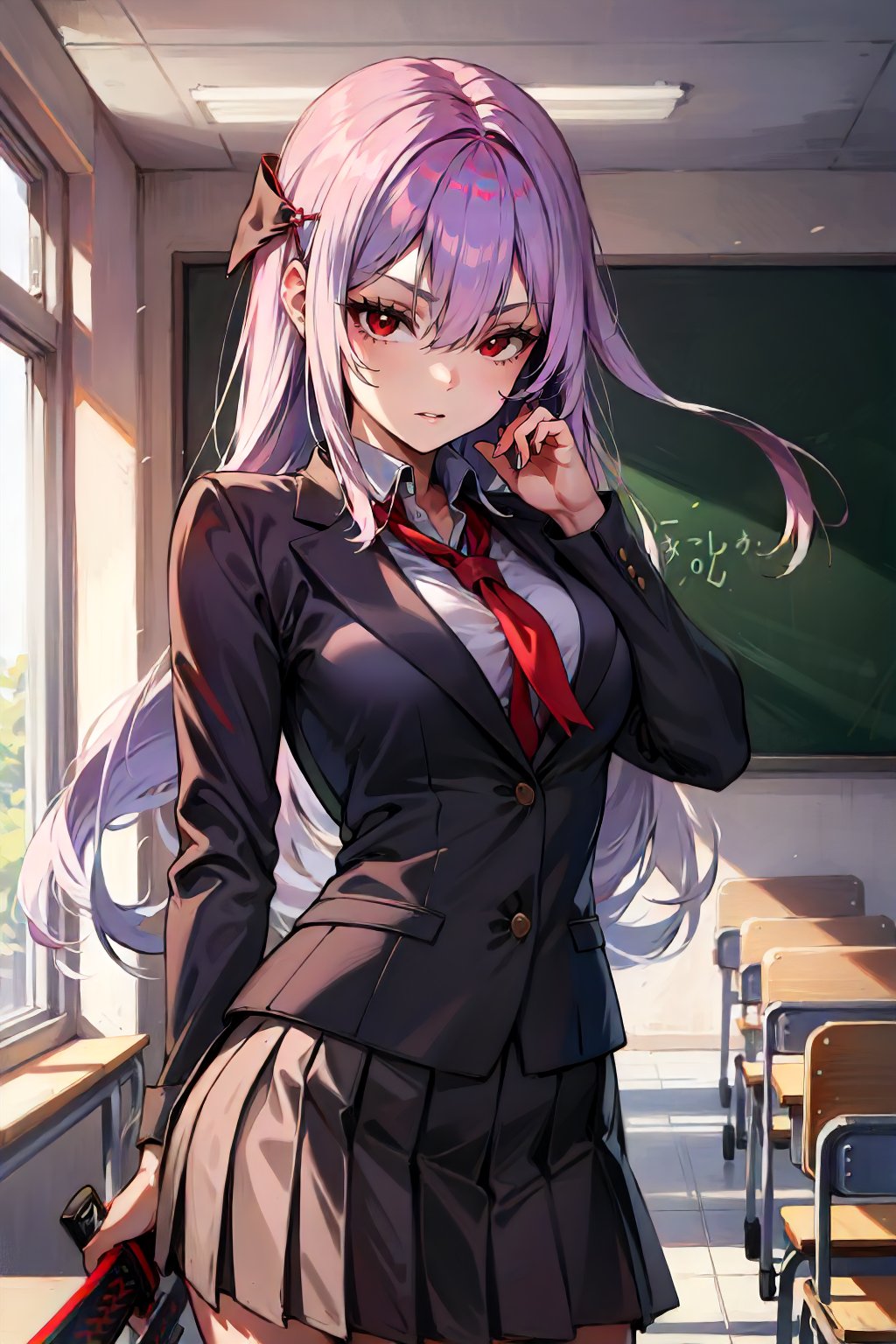 <lora:NIKKE_BSScarlet-DEF:0.7> 1girl, solo, long hair, red eyes, school uniform, katana, classroom, (high resolution, detailed, best quality, sharp)