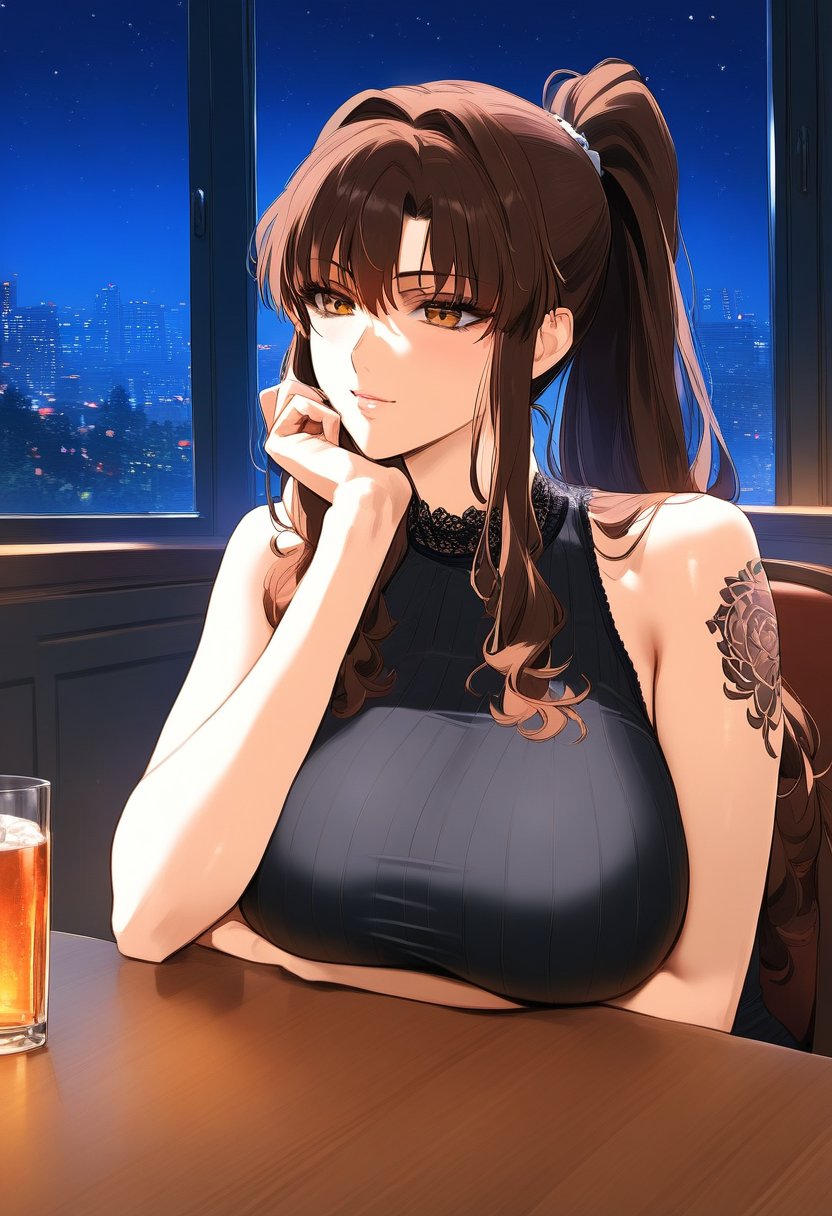 <lora:CYR 0.3v:1.5>, detailed,masterpiece, best quality,1girl, solo, long hair, breasts, large breasts, brown hair, bare shoulders, sitting, brown eyes, ponytail, sidelocks, sky, indoors, crop top, cup, window, tattoo, night, table, tank top, night sky, drinking glass, alcohol, head rest, arm tattoo, glass, shoulder tattoo, black tank top, revy (black lagoon)