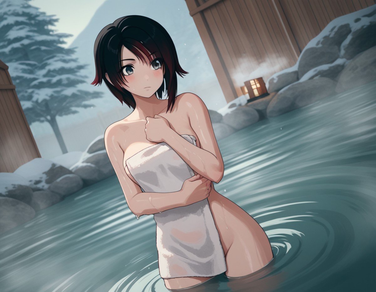 score_9, score_8_up, score_7_up, source_anime, <lora:ruby-rose-ponyxl-lora-nochekaiser:1>, ruby rose, short hair, black hair, red hair, grey eyes,, nude, naked, outdoors, onsen, towel, naked towel, steam, bathing, nude cover, partially submerged, water, bath, steam censor, wet towel, blush, looking at viewer, solo, cowboy shot, dutch angle