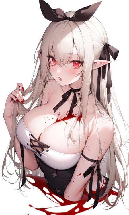 1girl, sensitive, solo, long hair, looking at viewer, breasts, simple background, white background, large breasts, open mouth, red eyes, ribbon, cleavage, upper body, bare shoulders, pointy ears, hair ribbon, flower, nail polish, black ribbon, blood, red nails, cropped torso
