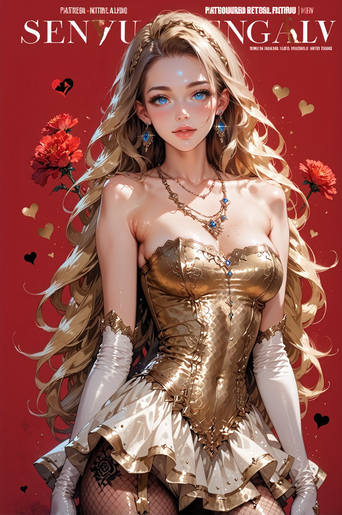 score_9, score_8_up, score_7_up, score_6_up, (1girl,solo), ((white and gold skirt, lace skirt, short dress, fishnet pantyhose)), necklaces, gold elbow gloves, strapless, long hair, seducing viewer, nsfw, heart, curvy,  looking at viewer, female focus, (on all four, crawling towards viewer), large breasts, posing, erotic pose, suggestive pose, flowers, red theme, magazine cover, helvetica bold, long hair, blonde hair, earrings,<lora:LOAs0rcl34pXL:0.75>,LOAs0rcl34pXL,<lora:sinfully_stylish_SDKL:0.5> <lora:Fant5yP0ny:0.6>, concept art, realistic, <lora:Expressive_H:0.5> Expressiveh 