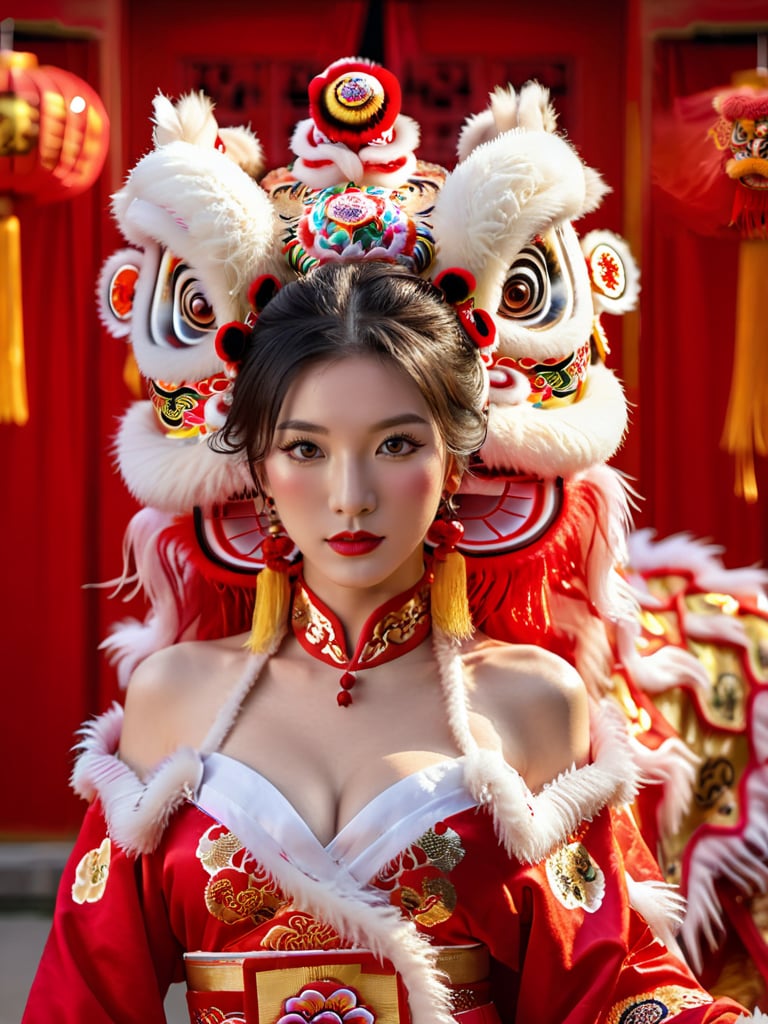 1girl, big lion head,  bare shoulders, black hair, breasts, brown eyes, Chinese clothes, cleavage, eyelashes, hagoromo, hair ornament, jewelry, lips, lipstick, looking at the viewer, makeup, medium breasts, realistic, red lips, shawl, ((full body)), (Lion Dance:1.5), red background <lora:Lion Dance:0.65>