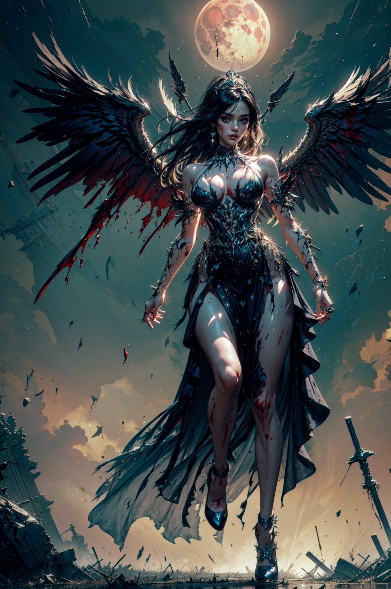 Stunning girl wearing a black LAstargalaxydress, (black dress:1.4), hair moved by wind, (black hair), beautiful red eyes, long hair, <lora:LAstargalaxydress:0.65> , (large black wings), (falling feathers), halo, (onyx tiara), (ornaments_earrings:1.1), large breasts, (torn clothes:1), ((battle worn, tired, bloody. blood splashes):1.3), BREAK,(masterpiece), perfect anatomy, intricate, (highly detailed), photorealistic, perfect anatomy, cinematic lighting, shading, best quality, ultra-detailed, (illustration), looking at viewer,  (extremely detailed dress design), fantasy theme, dynamic pose, stunning details, (heavenly background:1.3), (dark theme:1.3), (battlefield, arrows, battle, red moon, horror), <lora:clothing_explosion_lora01:0.8> <lora:angelx_halo_lora01:0.3>