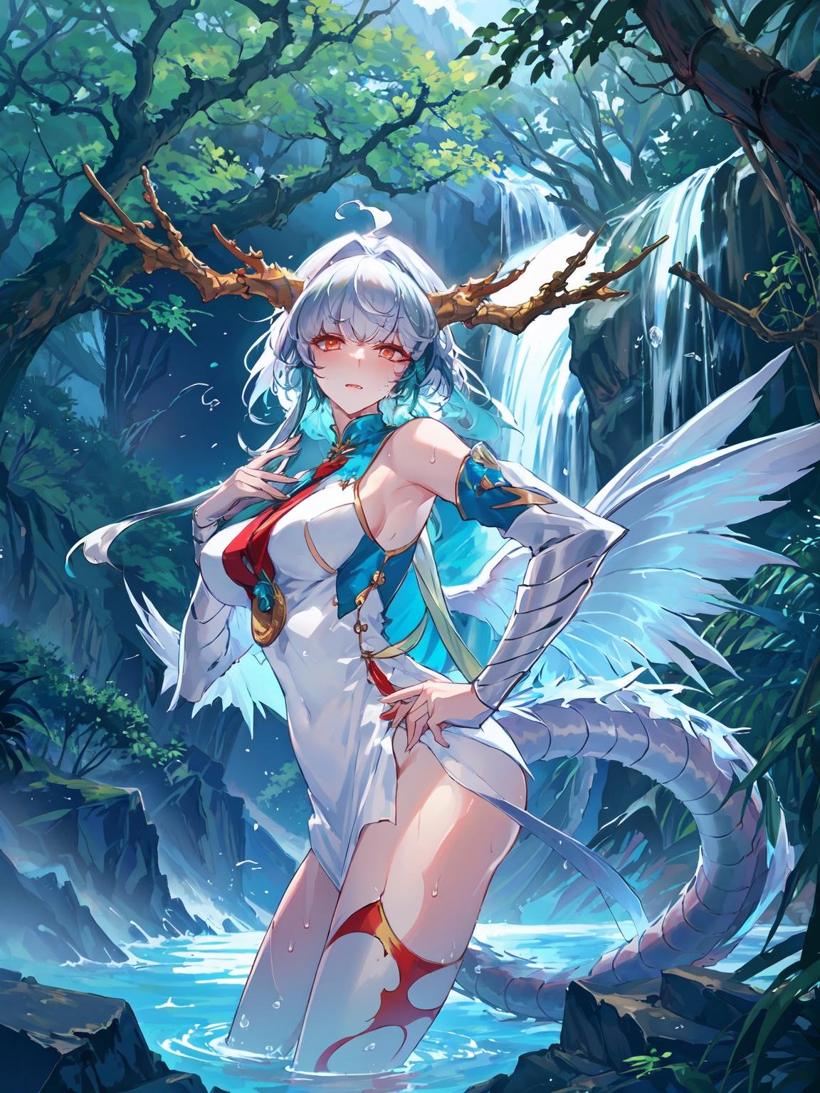 highres,best quality,highres,<lora:ShadowverseSilongV4:0.7>,(shaded face:1.2),dragon horns,1girl,wings,tail,looking at viewer,bare shoulders,bathing,waterfall,rocks,in wild,woods,portrait,standing,thick thighs,skindentation,from side,turning head,expresionless,adjusting hair,wet,sweaty,water