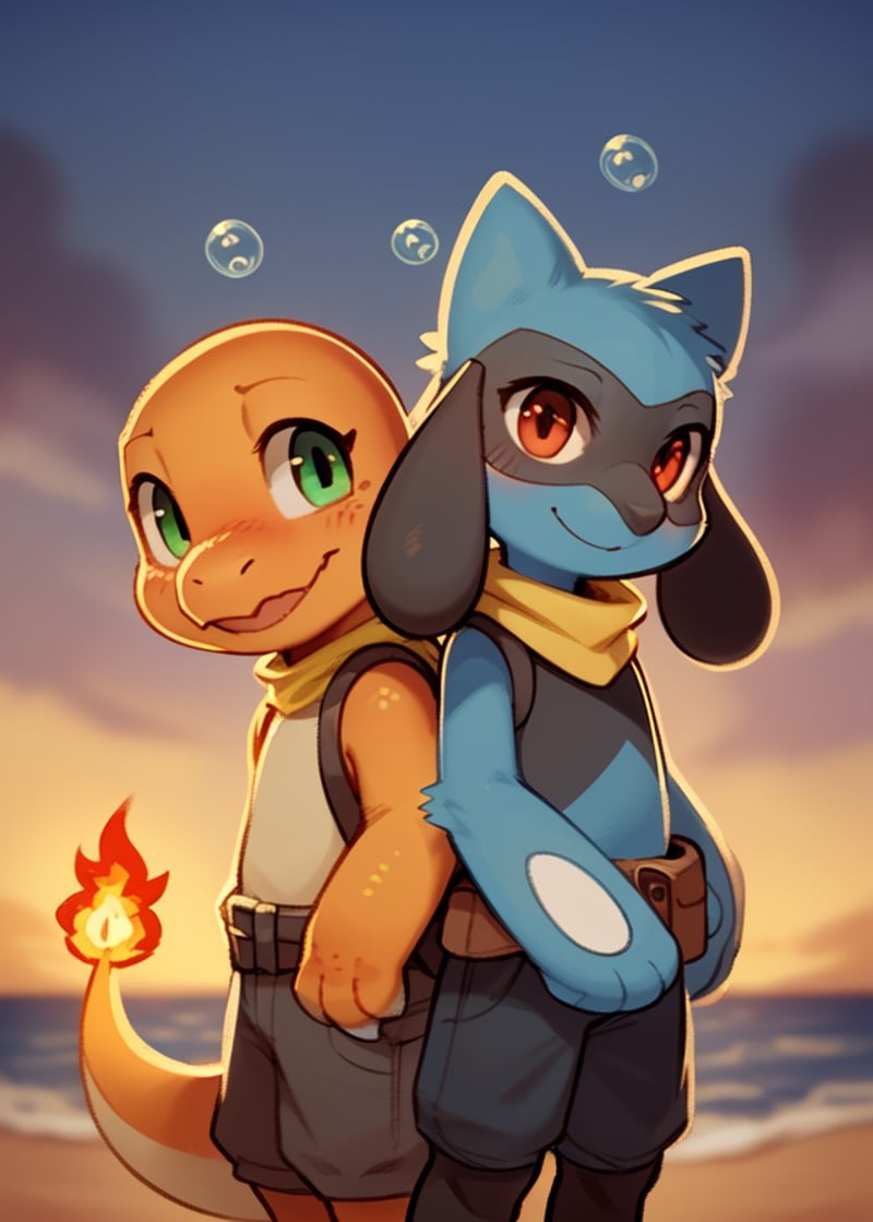 (by C-3Matome, by Wamudraws, by Waspsalad, by Waspsalad), chibi feral (duo charmander riolu:1.3), smile, yellow scarf, fanny pack, standing, pants, red eyes, (green eyes), (three-quarter portrait, three-quarter view:1.2), BREAK, (bubble, air bubble, bokeh:1.37), beach, sunset, night, cloud, foggy, masterpiece, best quality, light, 4k, 2k, photography