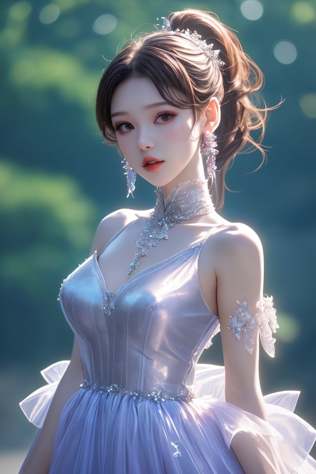 caihong,1girl,solo,dress,ponytail,upper body,parted lips,looking at viewer,breasts,blurry background,bare shoulders,hair ornament,<lora:caihong1.5:0.8>,