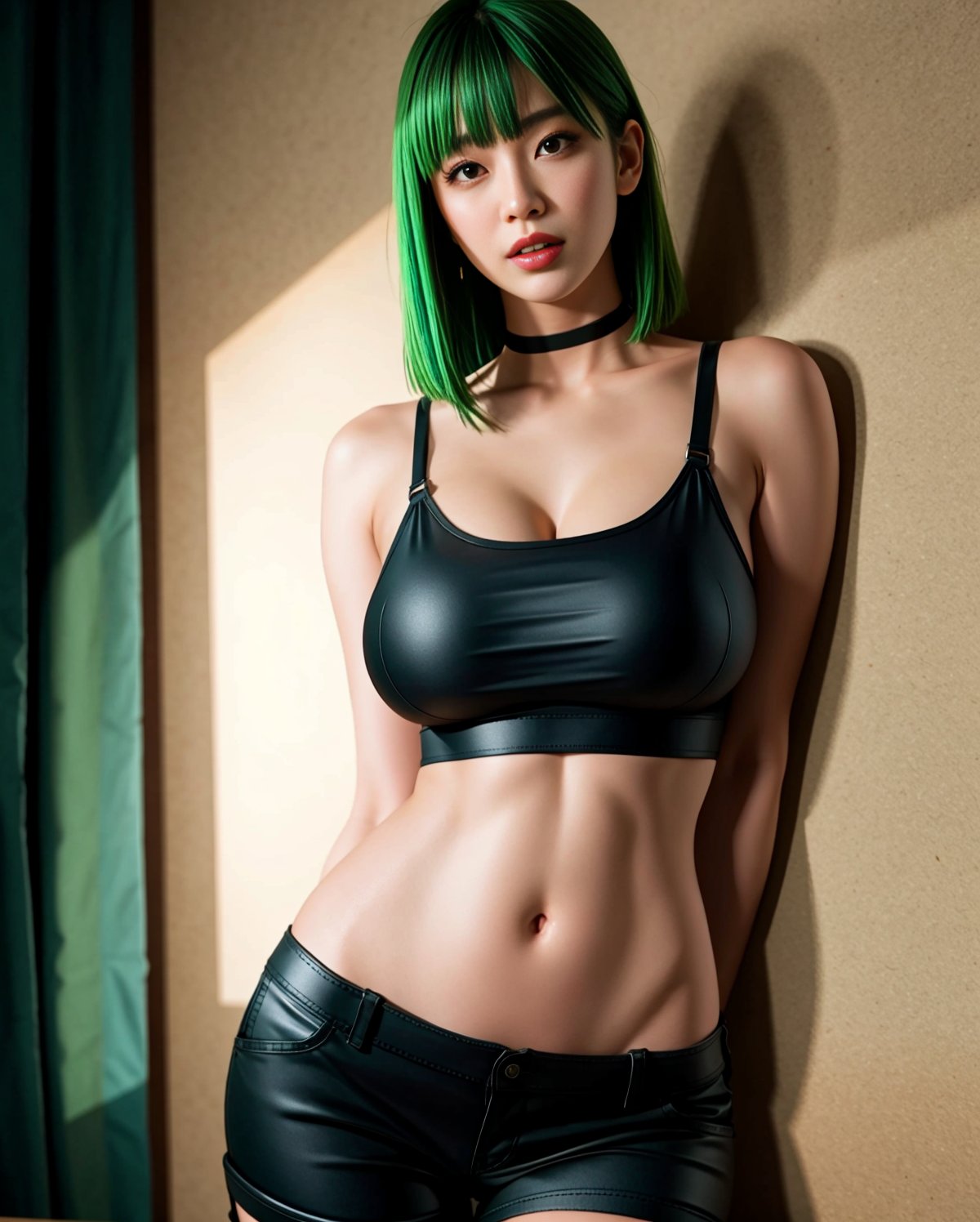 (japanese woman, model), (woman, adult:1.2), (tall, thick thighs, tight, perky breast), (looking at viewer), seductive face, (black cargo pants), black thigh crop top, straps, indoor, simple background, choker, wolf cut grey wall, standing BREAK 8k uhd, dslr, soft lighting, high quality, Fujifilm XT3, 