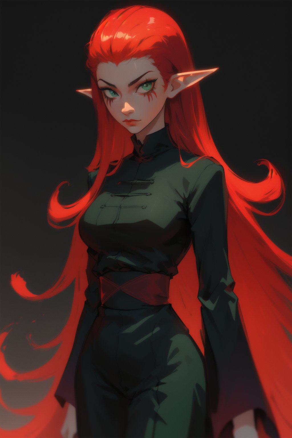 Wuya, 1girl, gradient background, detailed, shiny, solo, mature female, female focus, green eyes, looking at viewer, (facing viewer:1.2), long hair, dress, red hair, vivid colors, pointy ears, black dress, makeup, grey background, tentacle hair, highres, bestres, absurdres, high quality, best quality, red waistline, masterpiece, hair slicked back, black mascara, medium breasts, wide hips, straight hair, red collar, a 20 yo woman, dark theme, soothing tones, muted colors, elf ears, high contrast, (natural skin texture, hyperrealism, soft light, sharp), exposure blend, medium shot, (hdr:1.4), high contrast, (cinematic, teal and orange), (muted colors, dim colors, soothing tones:1.3), low saturation, (hyperdetailed:1.2), warrior, (dark forrest:1.1), beauty, masterpiece, absurdres, high quality, highres, (high definition:1.4), 4k, detailed, glossy, shiny, <lora:Wuya-10v3:0.65>