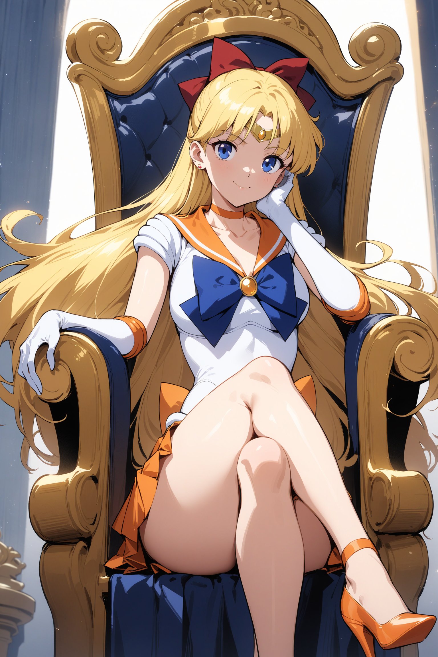 masterpiece, best quality, very aesthetic, absurdres, aavenus, long hair, blonde hair, hair bow, tiara, blue eyes, earrings, orange choker, collarbone, orange sailor collar, blue bowtie, white shirt, white leotard, elbow gloves, white gloves, pleated skirt, orange skirt,  <lora:sailor_venus_XL_v1(anima):0.9>, high heels, sitting, throne, crossed legs, hand on own face, smile