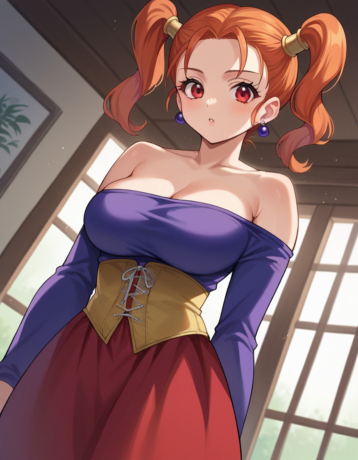 score_9, score_8_up, score_7_up, source_anime,jessicaalbert, <lora:jessica-albert-ponyxl-lora-nochekaiser:1>,jessica albert, orange hair, red eyes, twintails,bare shoulders, cleavage, dress, earrings, jewelry, off shoulder, off-shoulder dress, purple shirt, shirt, strapless, strapless dress, corset,indoors,looking at viewer, dutch angle, cowboy shot,