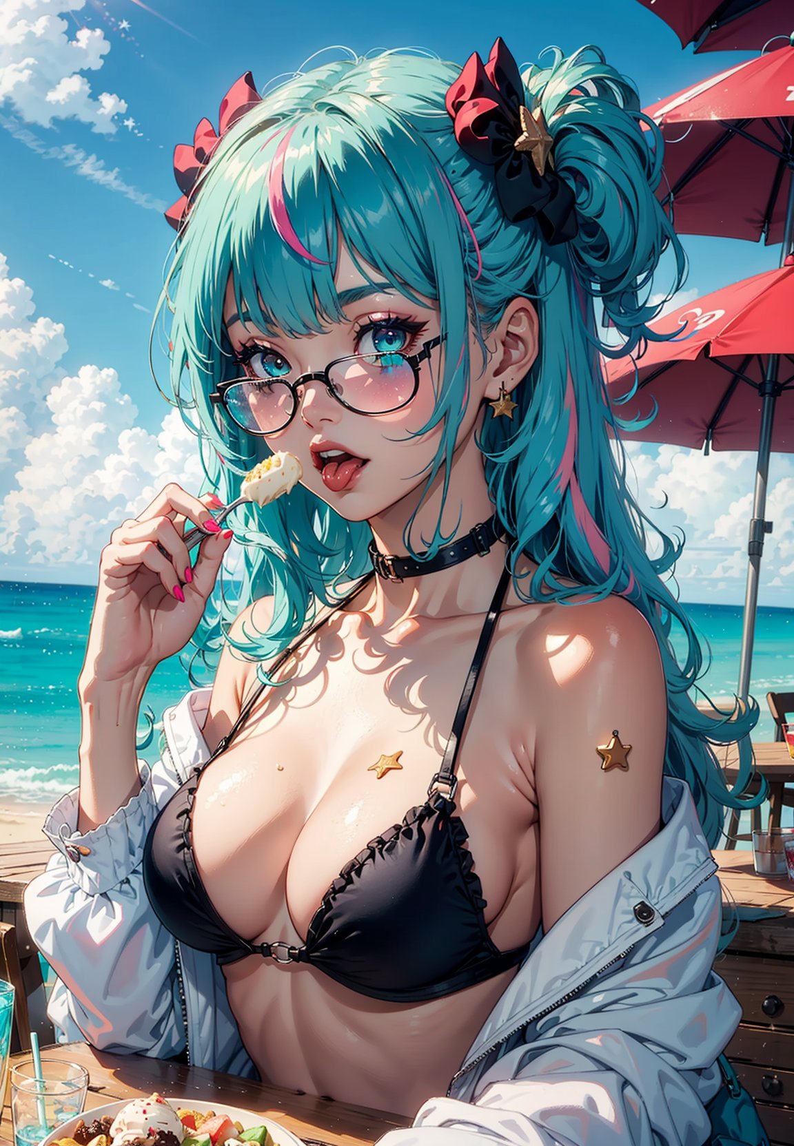 1girl, solo, tongue out, ice cream, long hair, tongue, pink hair, eyewear on head, jewelry, earrings, multicolored hair, frills, food, jacket, bangs, blue eyes, off shoulder, long sleeves, looking at viewer, arm up, nail polish, upper body, sunglasses, swimsuit, blue nails, frilled bikini, bare shoulders, white jacket, bikini, black bikini, open clothes, open jacket, multicolored eyes, streaked hair, :p, two-tone hair, purple eyes, signature, shell, cup, two side up, blue hair, collarbone, starfish, aqua hair, blurry, table, parfait, closed mouth, sundae, blush, aqua nails, character name, ice cream cone, seashell, palm tree, green hair, glass, multicolored nails, facial mark, star \(symbol\), artist name, hand up, fruit, spoon, sleeves past wrists