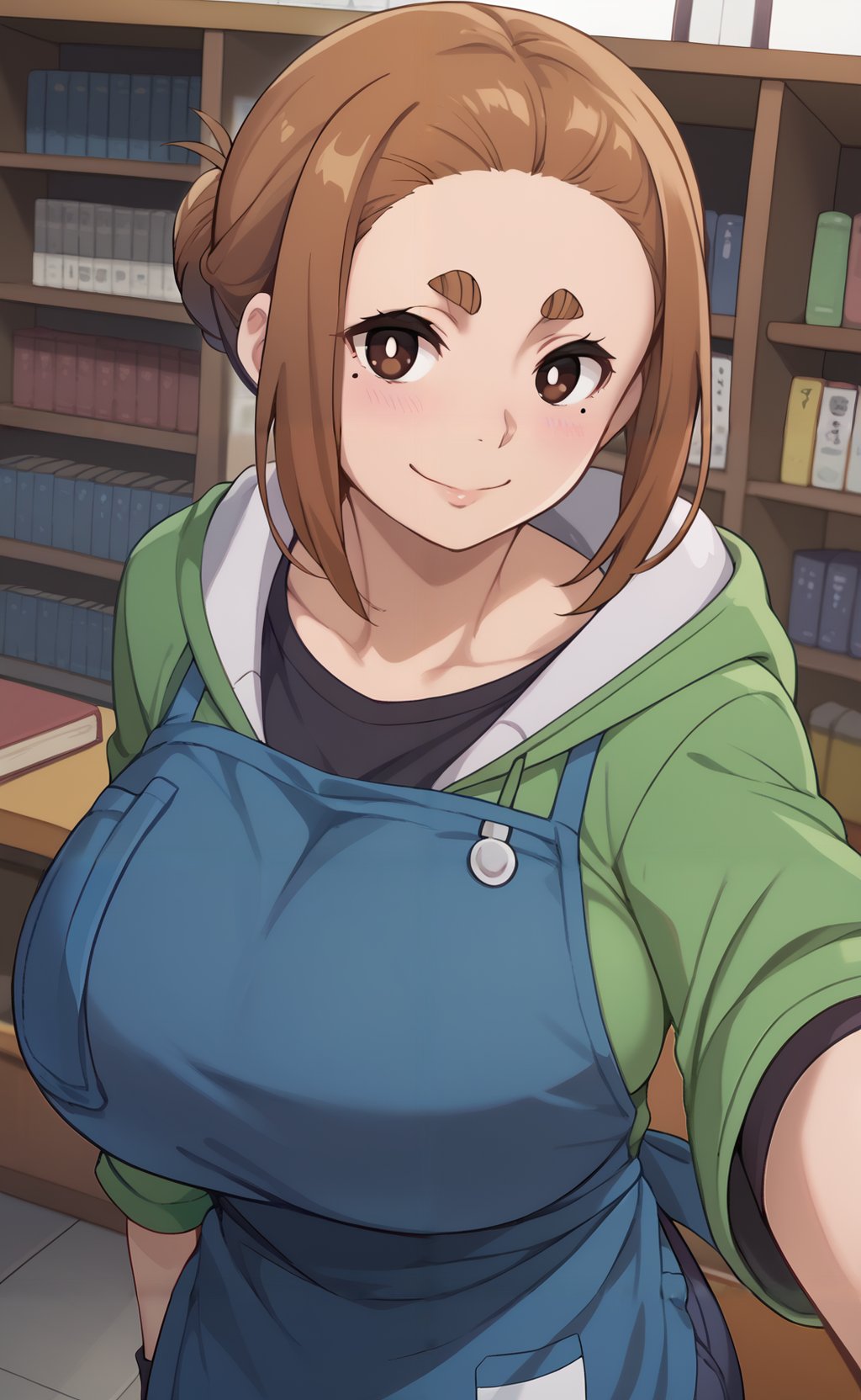 score_9, score_8_up, score_7_up, source_anime,  <lora:Sumireko_Ogawa-08:1>, sumireko_wz, brown hair, brown eyes, mole under eye, thick eyebrows, sidelocks, hair bun, single hair bun,short hair, huge breasts, black shirt, green hoodie, blue apron, pov, selfie, light blush, smile, library, books, indoors,  <lora:Pony_DetailV2.0:1.5>