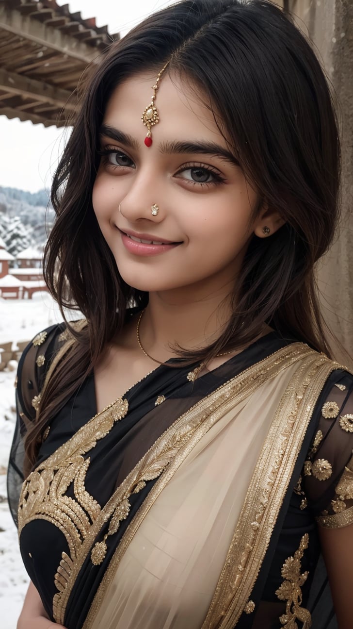 lovely cute young attractive indian teenage girl in a black transparent saree,  an Instagram model,  long blonde_hair,  colorful hair,  guloband,  smiling  face,  pahadi girl,  winter,  Indian,  shimla in background,  forehead ornament,<lora:EMS-52083-EMS:0.800000>,<lora:EMS-73426-EMS:1.500000>