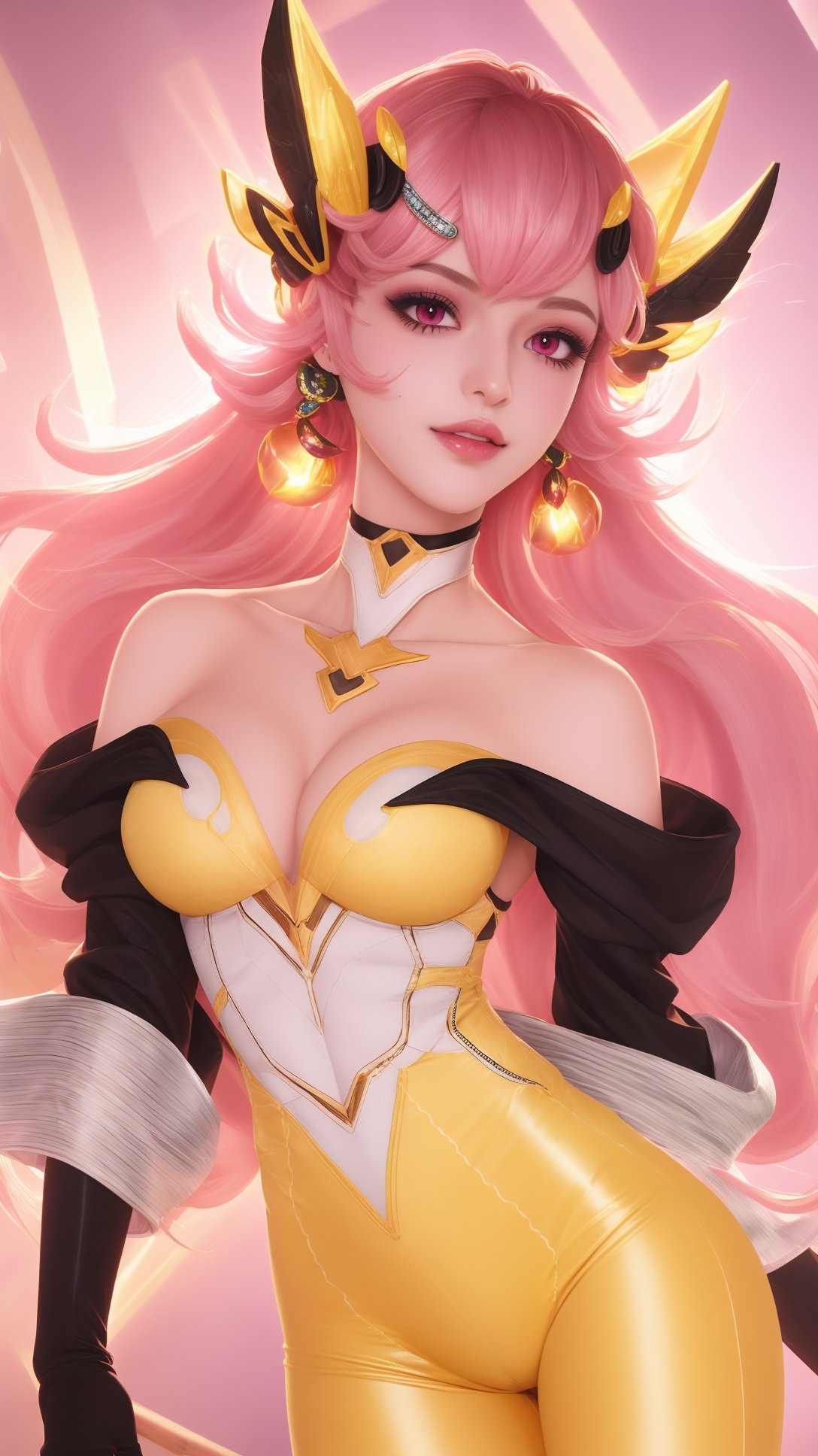 (1girl),smooth chin,masterpiece,detailed face,((hair ornament:1.6)),top quality,4k,make up,best quality,(detached sleeves),(medium breasts),blush,body blush,<lora:王者 虞姬 无限倾慕_v1.0:0.9>,(full body,long legs),black gloves,full bvody highleg leotard,yellow pants,white see-through sleeves,white mixed black edge clothes,(white bra),pink eyes,bare shoulders,headgear,