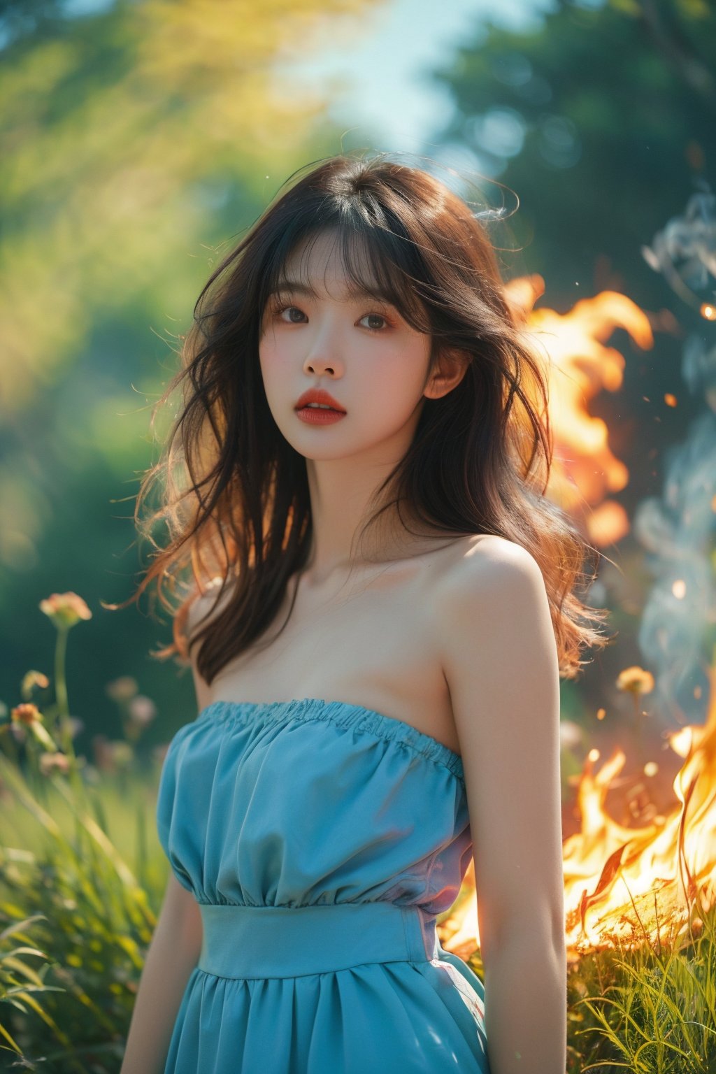 (masterpiece, best quality),natural soft light,(a girl),brown eyes,black color hair,long messy hair,standing in the grass,strapless,blue dress,(surrounded by pink smoke:0.8),(flame burning background:1.2),wide-angle lens,lens flare,ultra high definition,high resolution,very detailed,best quality,clear theme,ultra-realistic and ultra-detail,Asian girl,