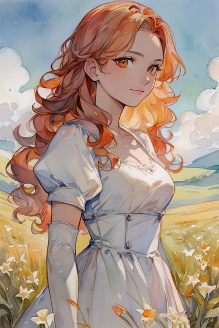 score_9, score_8_up, score_7_up, rating_safe, watercolor \(medium\), traditional media, 1girl, solo, long hair, curly hair, wavy hair, orange hair, orange eyes, looking at viewer, breasts, dress, white dress, puffy sleeves, puffy short sleeves, short sleeves, gloves, elbow gloves, white gloves, cowboy shot, closed mouth, standing, outdoors, field, flower, grass, plant, sky <lora:Watercolor Anime Style LoRA_Pony XL v6:0.7>