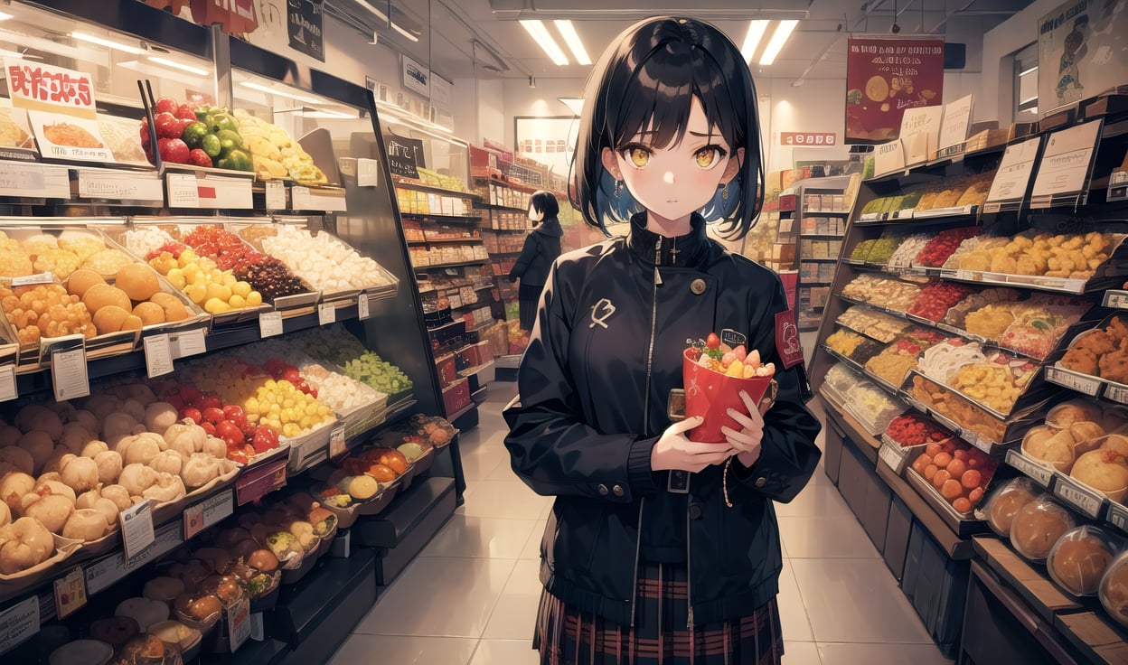 ((masterpiece,best quality)), 1girl, food, fruit, solo, skirt, shop, indoors, jacket, shopping, jewelry, shirt, shelf, short hair, black hair, plaid skirt, black jacket, yellow eyes, looking at viewer, standing,