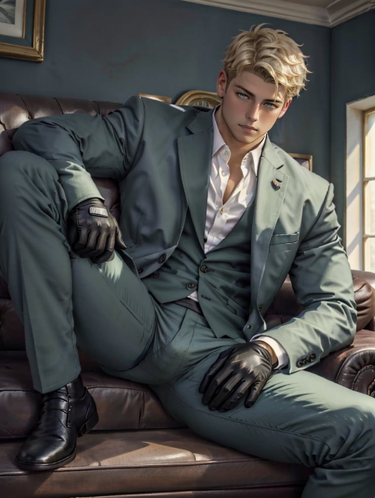 loid_forger, solo, looking at viewer, short hair, blue eyes, blonde hair, gloves, 1boy, jacket, white shirt, male focus, black gloves, pants, indoors, spread legs, open jacket, muscular, formal, abs, suit, pectorals, couch, green jacket, unbuttoned, green pants, <lora:loid_forger_SPY:1>