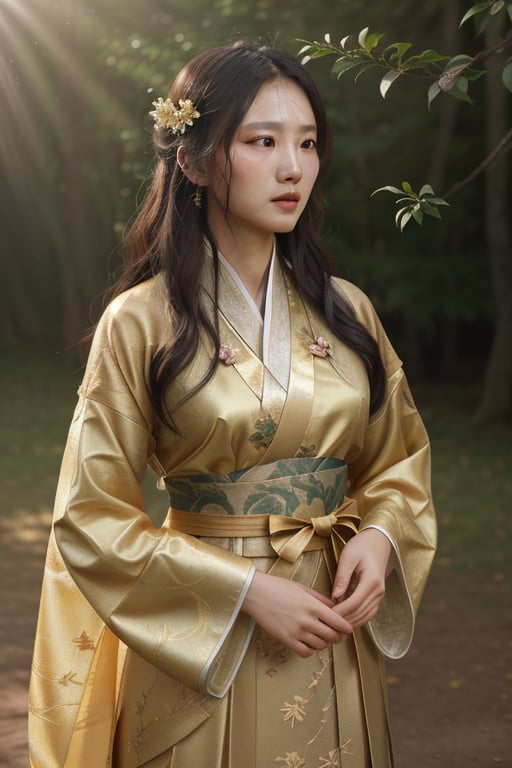 Textured skin,skin particles,18 age women,hanfu,gold print,looking at view,outdoors,forest,sunlight passing through leaves,shrubs,flowers,wind blowing hair,light ray,(rimming light:1.3),masterpiece,best quality,ultra-detailed,ultra high res, (photorealistic:1.4),raw photo, 8k HDR,realistic lighting