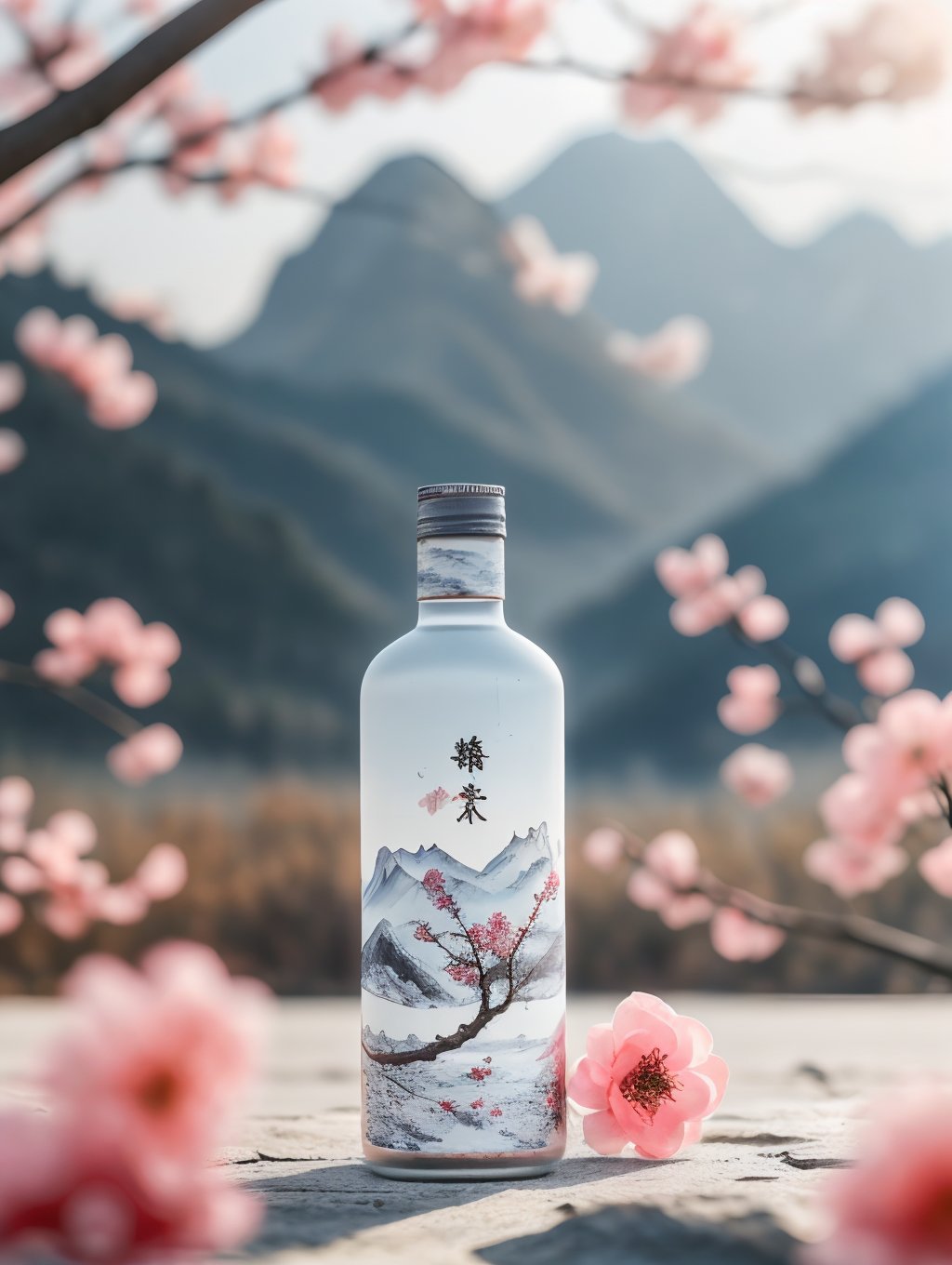 bottle,no humans,tree,branch,blurry,outdoors,depth of field,mountain,sky,bouquet,in spring,GQSY,