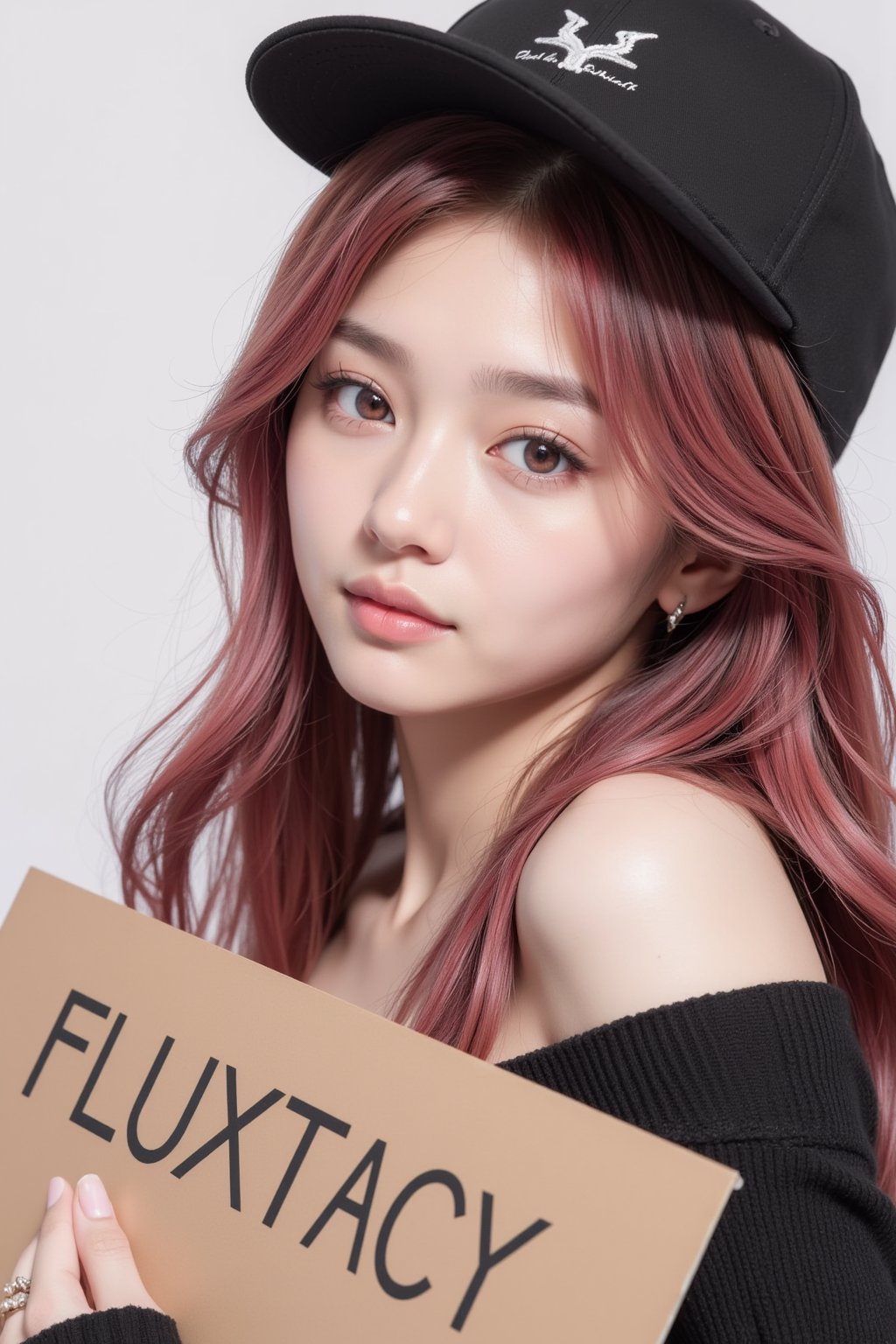 1girl, solo, long hair, looking at viewer, red eyes, hat, hair between eyes, closed mouth, jewelry, bare shoulders, upper body, pink hair, earrings, pink eyes, off shoulder, from below, lips, ear piercing, baseball cap, hair behind ear, black sweater,((holding a cardboard that reads "FLUXTACY".))