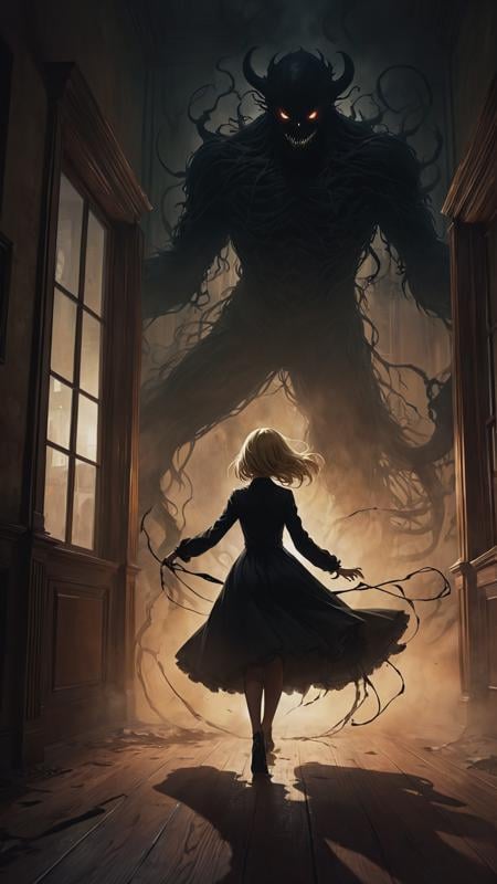Nightmare theme, Anime style, a living silhouette of a shadow black fog monster trying to attack a girl from the darkness, school dress, blonde, black diary, old victorian house interior, noir, dust and cobwebs, intricate, (mystic:1.4), horror, anime, masterpiece, flat colors, 2d, bold lines, art, best quality, full body, (fractal art:0.4), depth of field detailed background, sharp focus, hyper detailed, 16k, <lora:add-detail-xl:1>