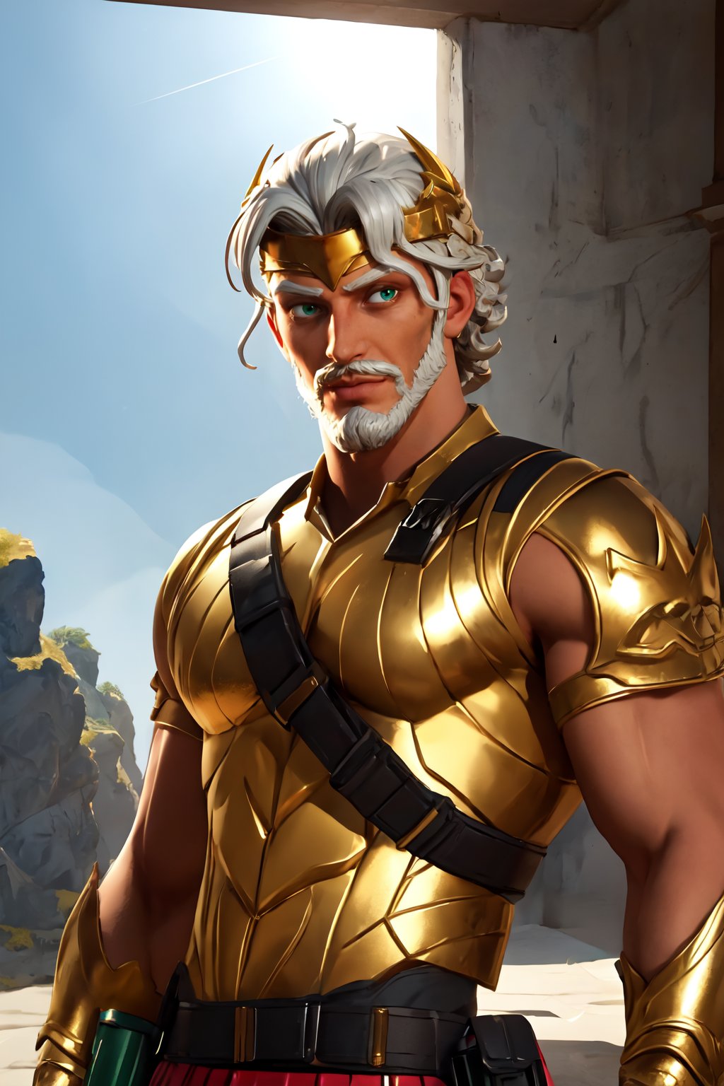 zeusfortniteV1, 1boy , mature male, looking at viewer,  white skin, white hair, green eyes, beard, mustache, male focus, facial hair, muscle,   <lora:zeusfortnite-09:0.5>, golden armor, shotgun shell bandolier,  grecia, sunlight,, masterpiece, 4k, high quality, highres, absurdres,