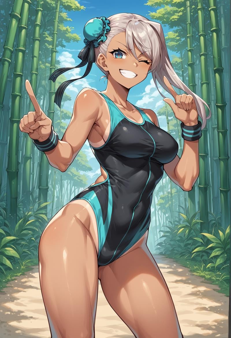 1girl, blue eyes, long hair, grey hair, single sidelock, single hair bun, bun cover, black one-piece swimsuit, sports swimsuit, wristband, tan, tanlines, outdoors, bamboo forest, wink, pointing at viewer, smug <lora:Musashi:1>, score_9, score_8_up, score_7_up, score_6_up, score_5_up, score_4_up, BREAK source_anime, masterpiece