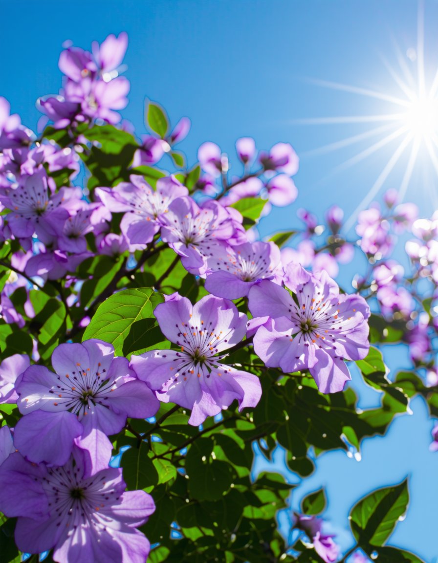 best quality, 4K, 8K, high-resolution, masterpiece, ultra-detailed, photorealistic,  purple and white flowers are blooming on a tree in front of a blue sky with the sun in the background, flower, outdoors, blurry, no humans, blurry background, depth of field, leaf, white flower, sunlight, plant, scenery, nature, purple flower, still life,