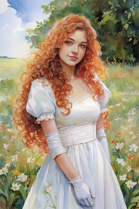 score_9, score_8_up, score_7_up, rating_safe, watercolor \(medium\), traditional media, realistic, 1girl, solo, long hair, curly hair, wavy hair, orange hair, orange eyes, looking at viewer, breasts, dress, white dress, puffy sleeves, puffy short sleeves, short sleeves, gloves, elbow gloves, white gloves, cowboy shot, closed mouth, standing, outdoors, field, flower, grass, plant, sky <lora:Watercolor Painting Style LoRA_Pony XL v6:0.7>