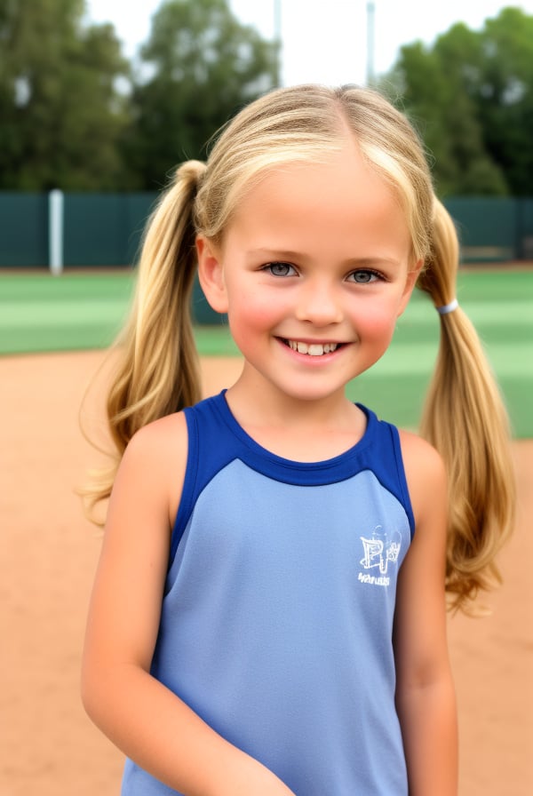 1girl, portrait, (cowboy shot) realistic, little girl, smile, ((ltt, blonde long hair, low twin ponytails)), upper body, outdoor, holding⚾,  sunny day, blurry background <lora:low twintail03:0.8><lora:adapter_model:1.0>