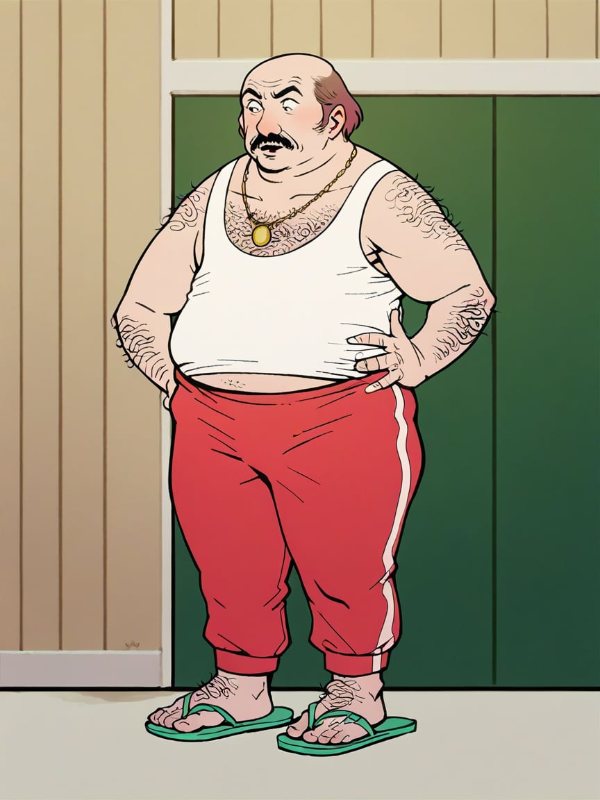 score_9, score_8_up, score_7_up, score_6_up,   <lora:athfXLP:1> (athf,:1), flat color, 1boy, fat, tank top, sandals, solo, mustache, 