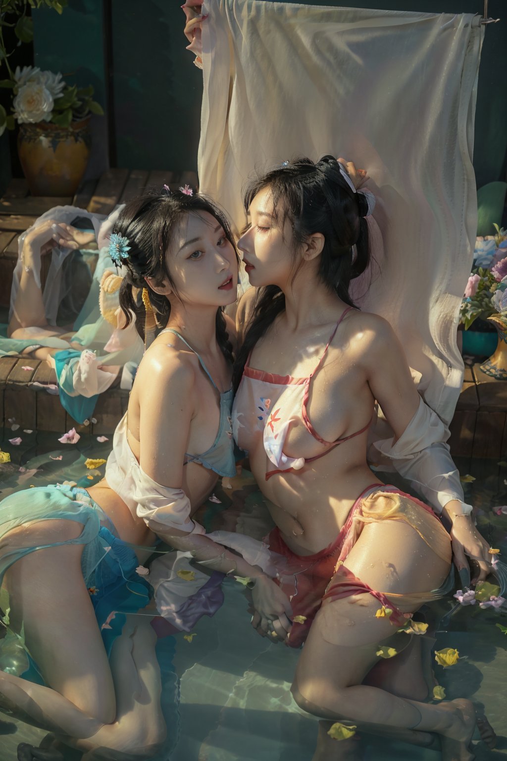 2girls,(lesbian flag),pool,hpflower,playing in the water,strapless,high quality,masterpiece,<lora:Gufeng_Xixi:0.7>,