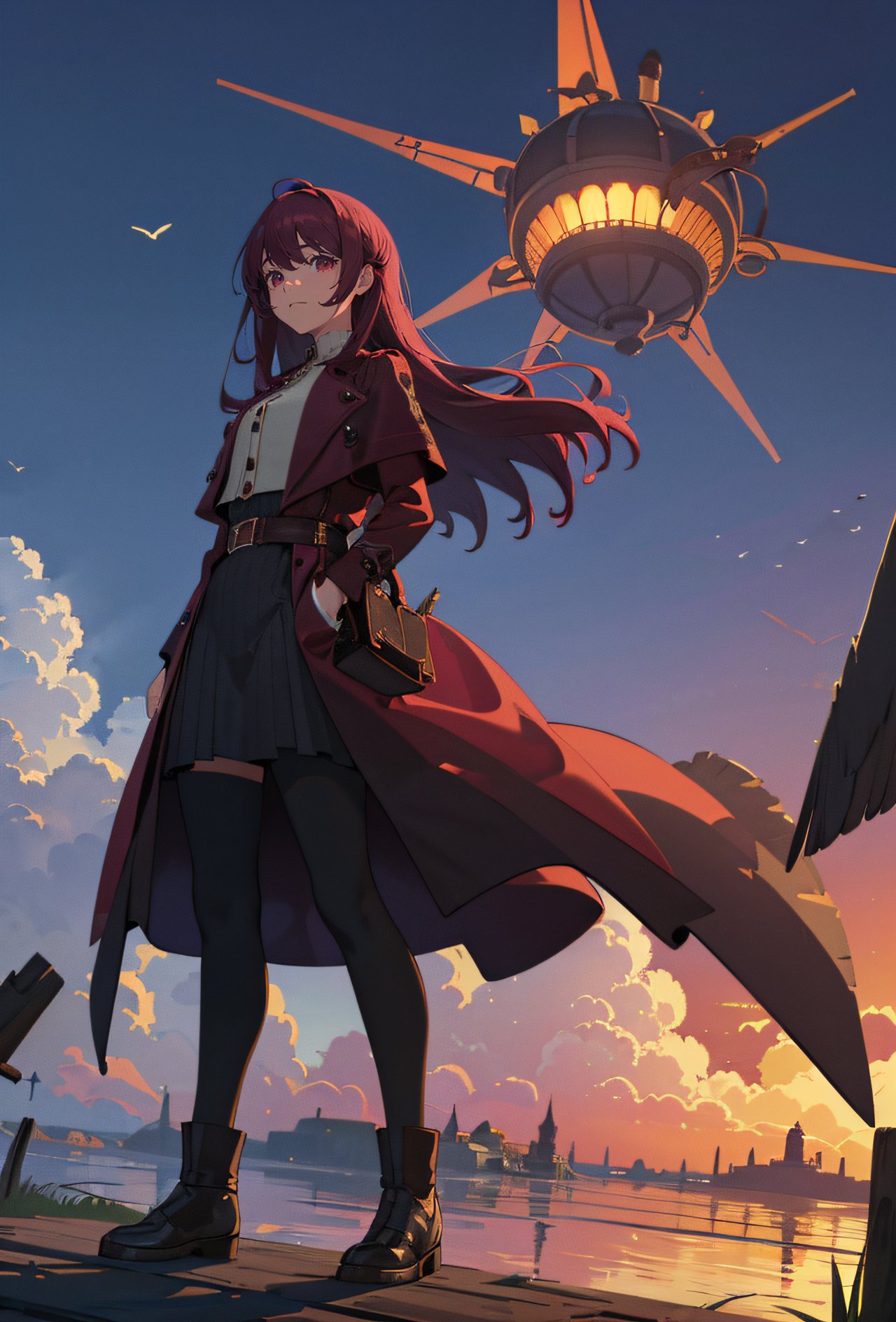 Dutch Angle, 1girl, A deep maroon trenchcoat lined in sumptuous silk, Amongst the floating islands of a sky kingdom, where airships navigate between cloud-crafted structures and winged creatures glide freely, (masterpiece, best quality, hires, high quality, by professional artist, ultra detailed, extremely detailed, absurdres, incredibly resolution:1.2), good hands, perfect hands, <lora:GoodHands-beta2:1>